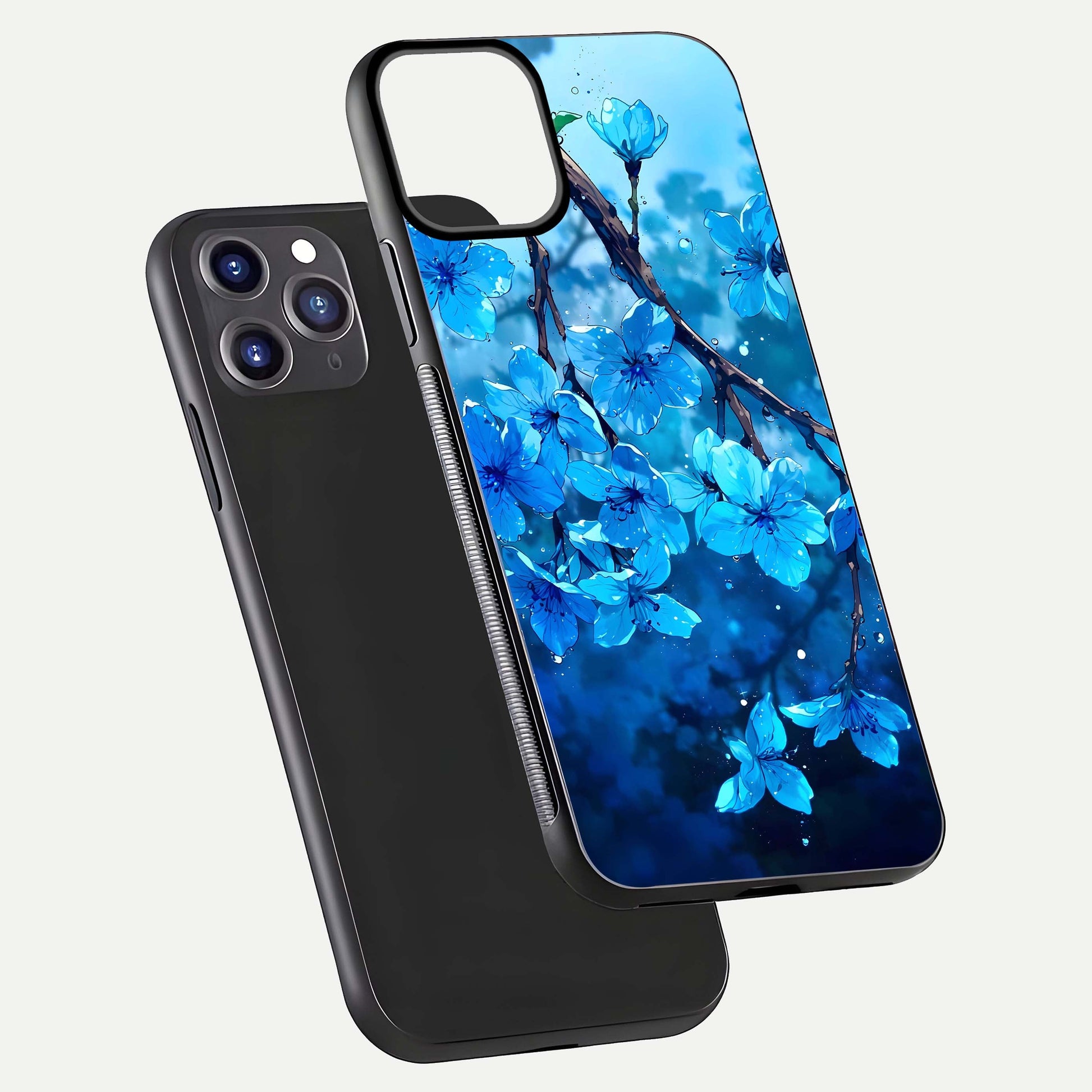 Blue Blossoms Branch Glass Case for iPhone 11 Pro Max dual-view layout displaying floral art and sleek protective frame