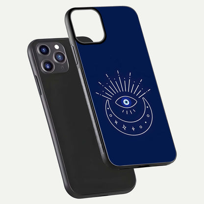 Blue Evil Eye Glass Case for iPhone 11 Pro Max front-and-back layout showing blue aura design and curved-edge clarity