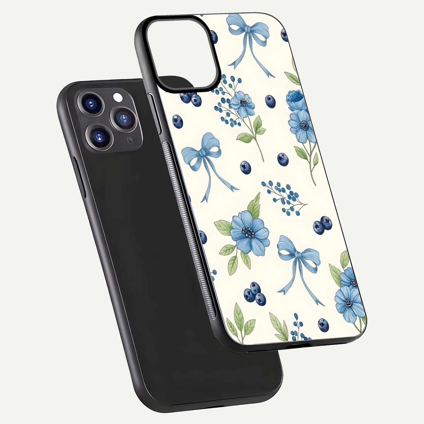 Blue Flower & Bow Glass Case for iPhone 11 Pro Max dual-view layout showing balanced pattern and smooth edges