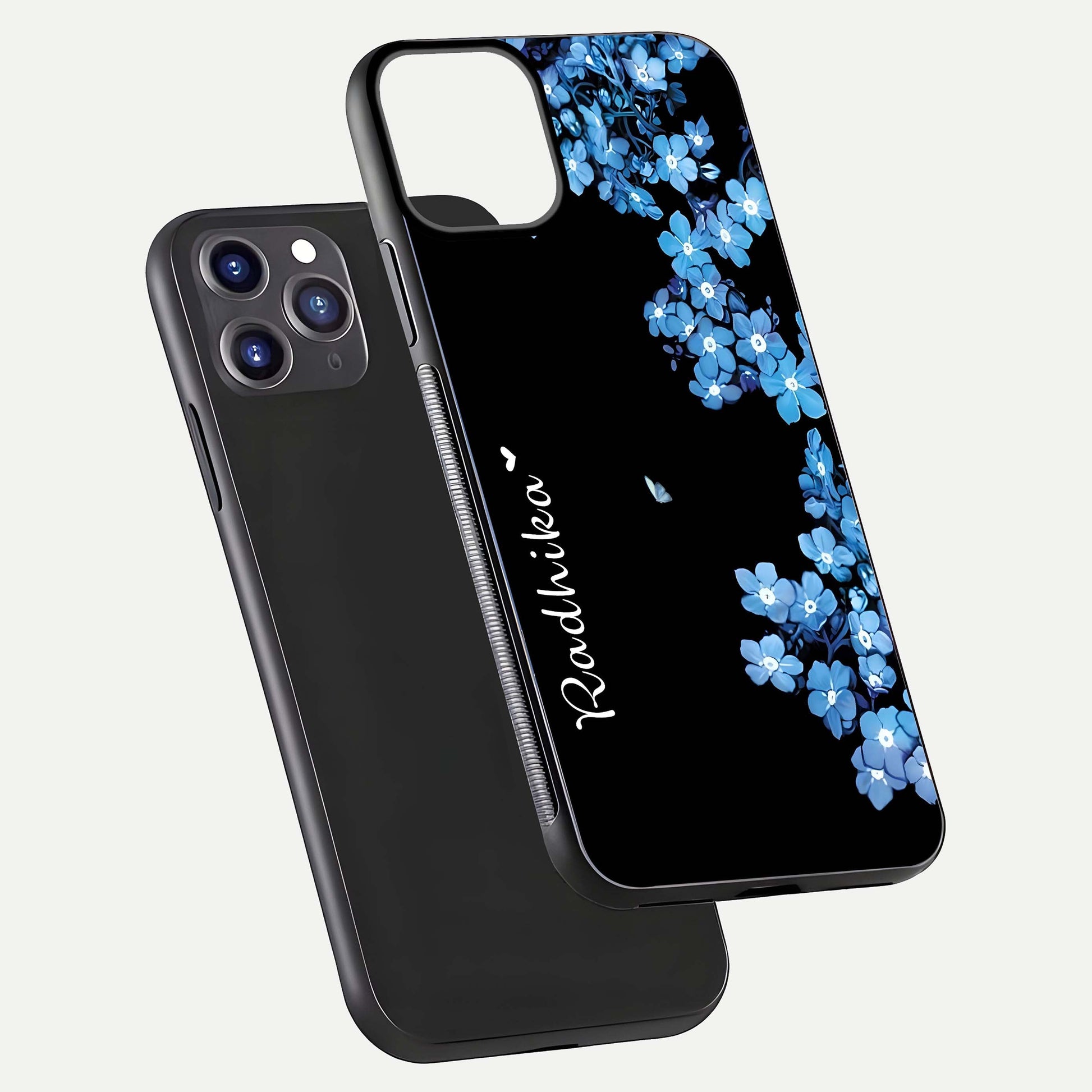 Blue Petal Dream Custom Name Glass Case for iPhone 11 Pro Max dual-view layout showing text placement and premium finish