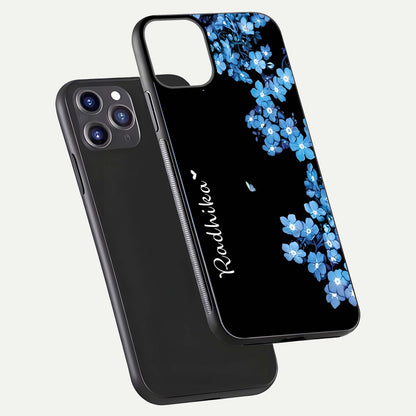 Blue Petal Dream Custom Name Glass Case for iPhone 11 Pro Max dual-view layout showing text placement and premium finish