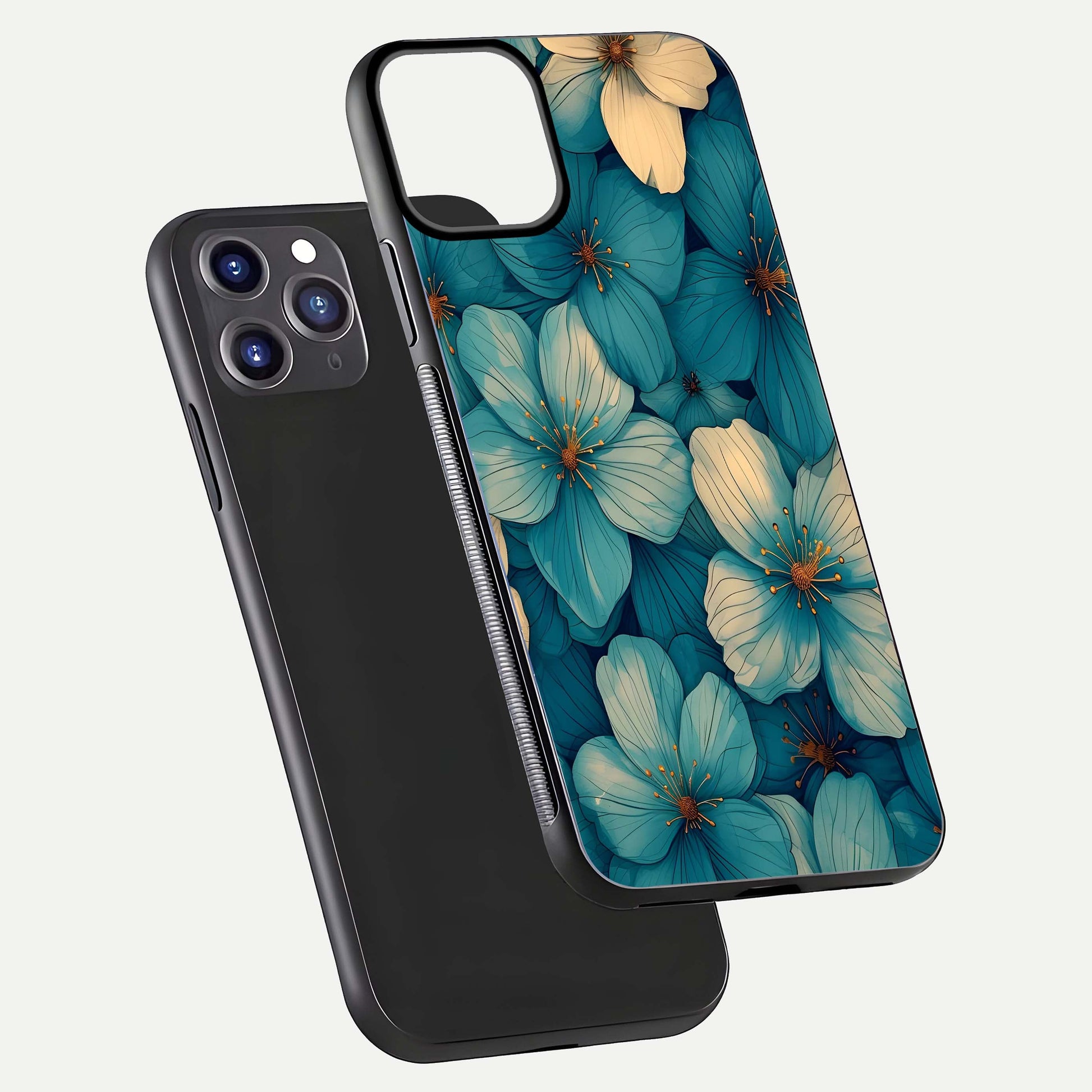 Blue Shade Floral Glass Case for iPhone 11 Pro Max front-and-back layout displaying bloom contrast and edge polish
