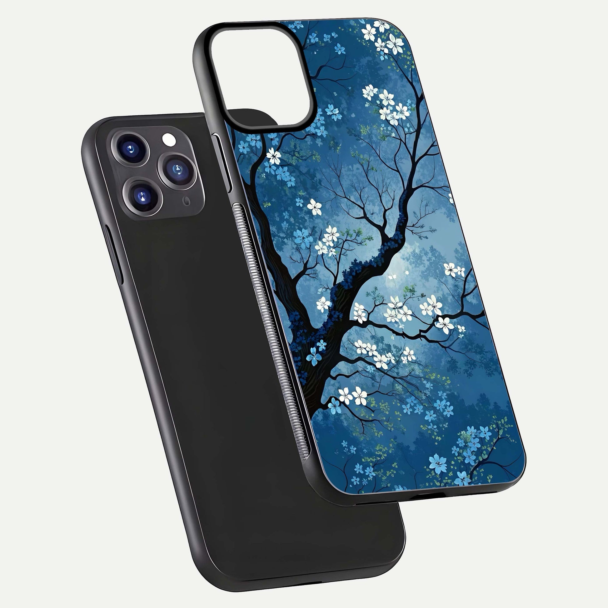 Blue Tree Serenity Glass Case for iPhone 11 Pro Max front-and-back layout showing gradient background and smooth edges