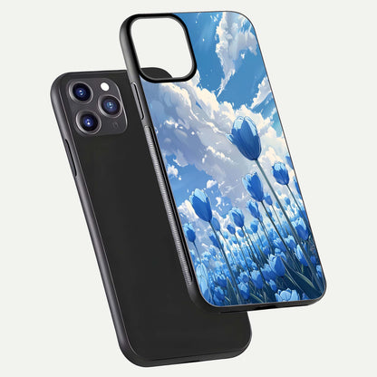Blue Tulip Clouds Glass Case for iPhone 11 Pro Max front-and-back layout showcasing floral detail and polished edges