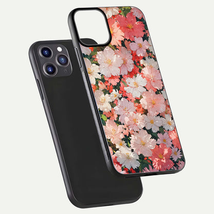 Blush Bloom Field Glass Case for iPhone 11 Pro Max dual-view layout showing bloom arrangement and protective frame