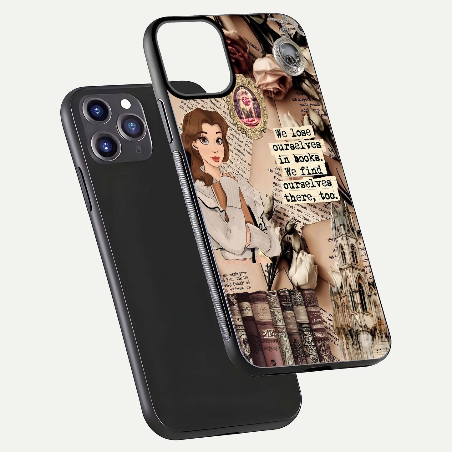 Bookish Dream World Glass Case for iPhone 11 Pro Max dual-view layout displaying colorful fantasy print and edge finish