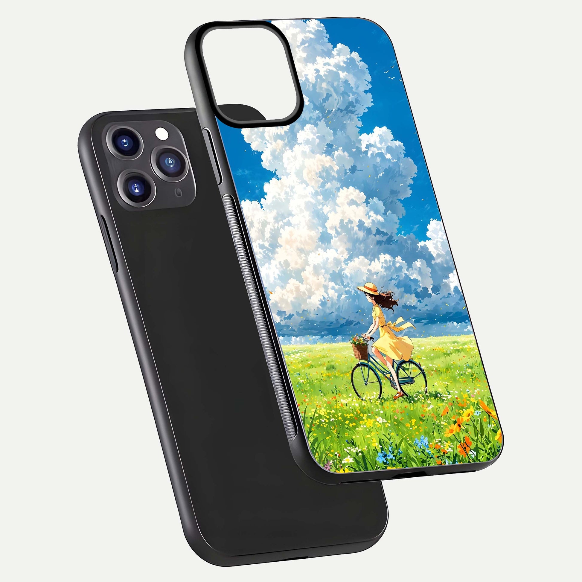Breezy Meadow Ride Glass Case for iPhone 11 Pro Max dual-view layout showing soft landscape design and reflection gloss