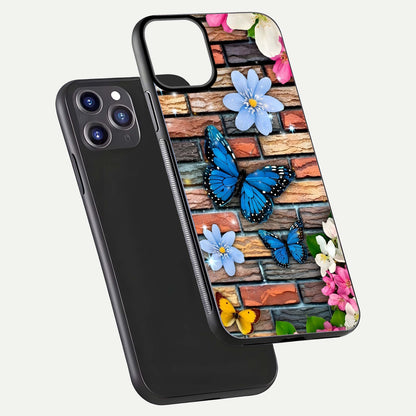 Brick Bloom Flight Glass Case for iPhone 11 Pro Max dual-view layout showing bloom placement and protective edge design