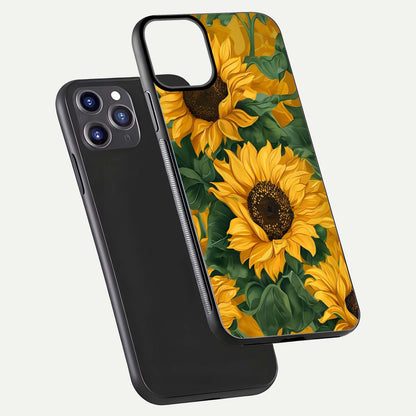 Bright Sunflower Bloom Glass Case for iPhone 11 Pro Max dual-view layout displaying floral glow and curved glass edge