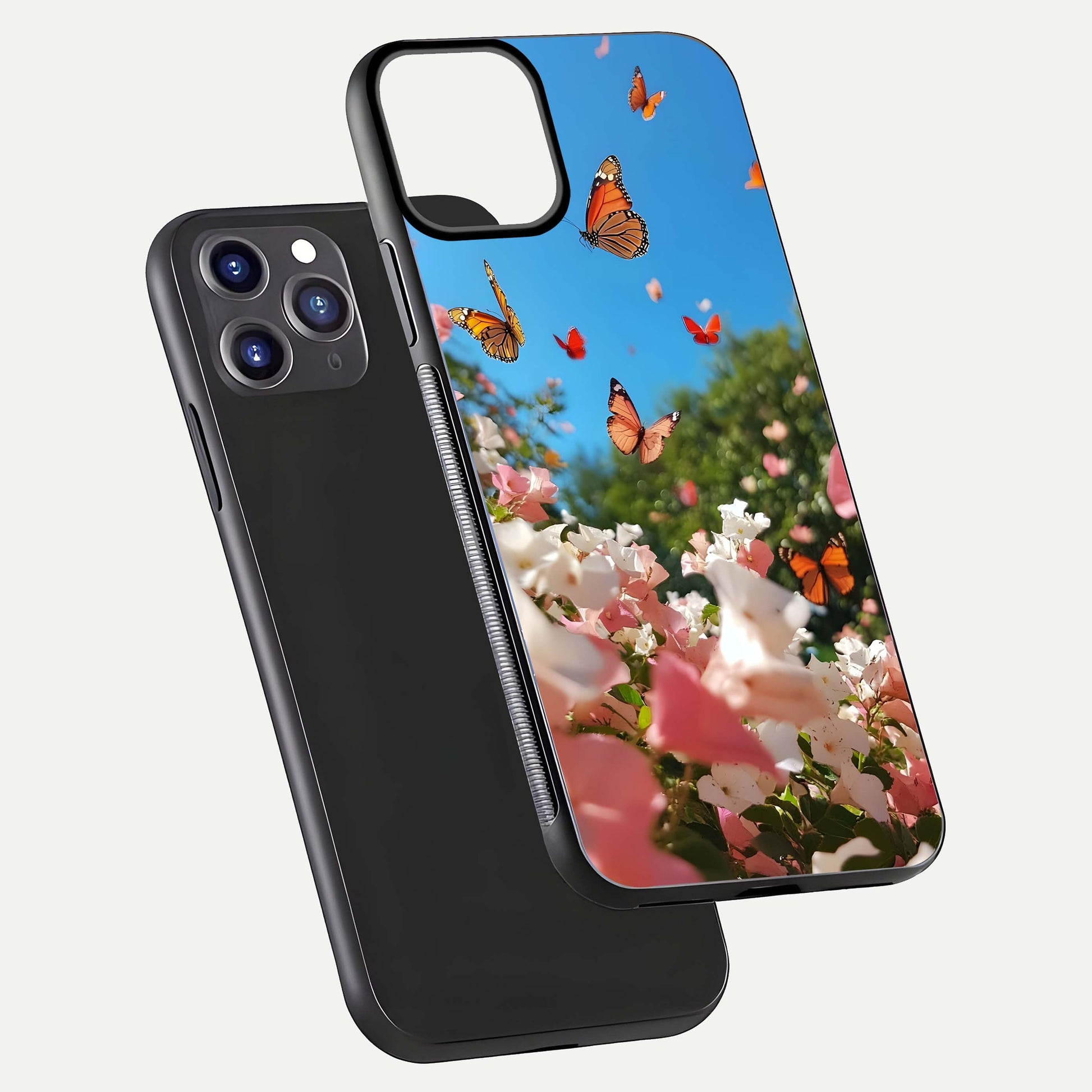 Butterflies in Bloom Sky Glass Case for iPhone 11 Pro Max dual-view layout displaying elegant composition and glass gloss