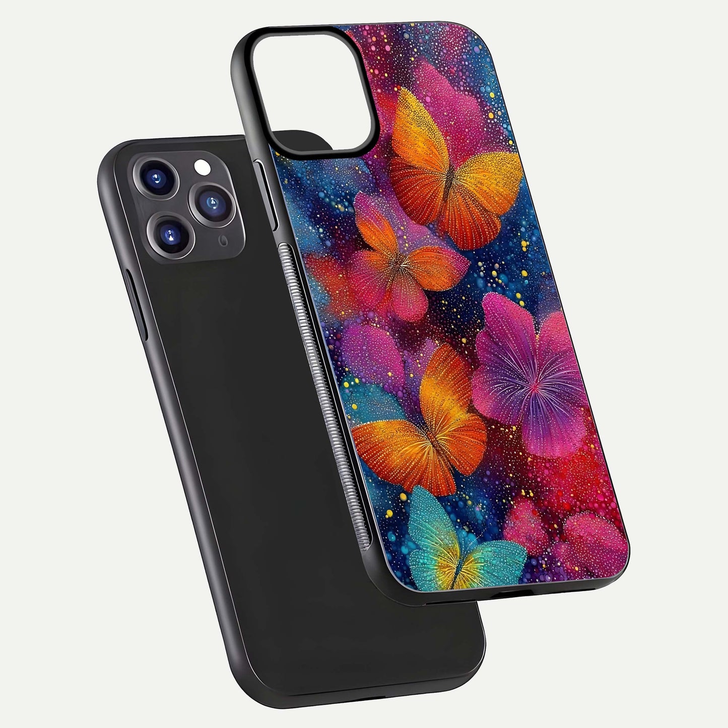 Butterfly Dream Mist Glass Case for iPhone 11 Pro Max dual-view layout showing mist background and edge polish