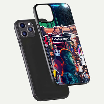 CYBERPUNK Legacy Glass Case for iPhone 11 Pro Max dual-view layout showing cyberpunk hues and glass precision