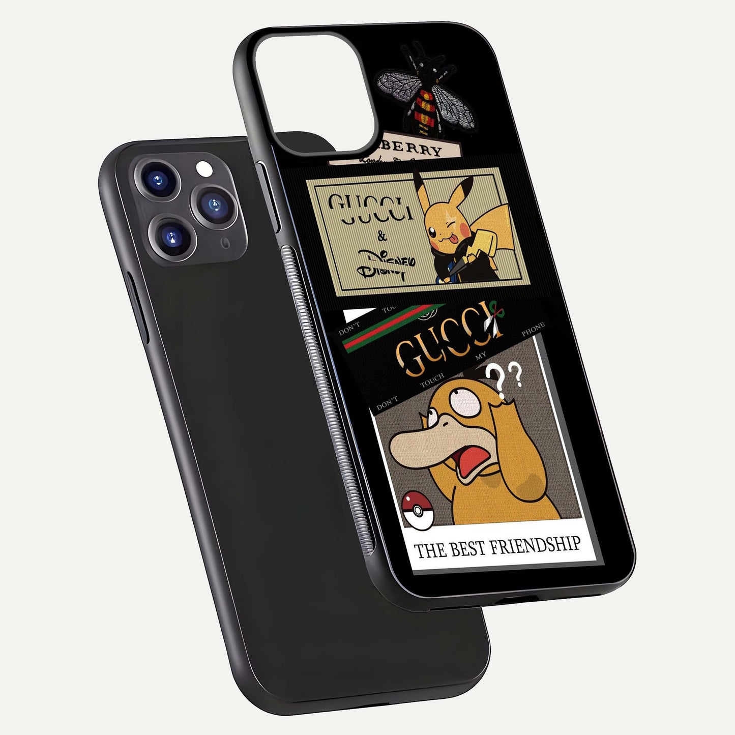 Cartoon Brand Play Mashup Glass Case for iPhone 11 Pro Max front and back view layout highlighting multi-logo artwork and curved edges