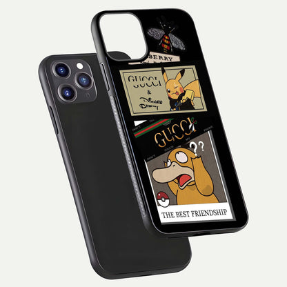 Cartoon Brand Play Mashup Glass Case for iPhone 11 Pro Max front and back view layout highlighting multi-logo artwork and curved edges