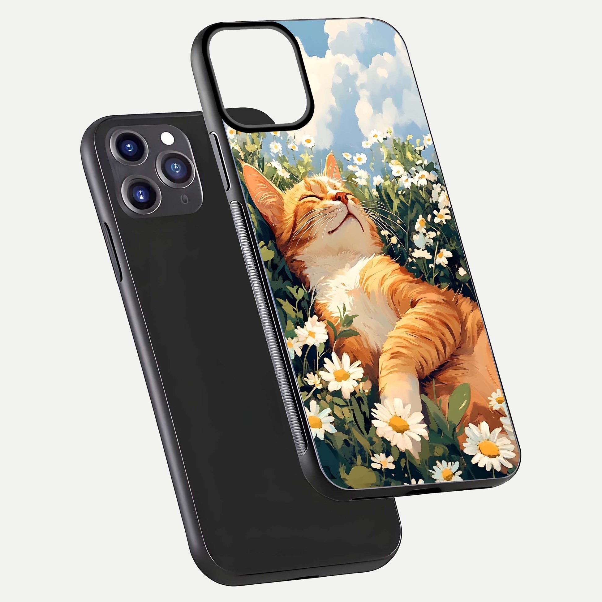 Cat & Flowers View Glass Case for iPhone 11 Pro Max front-and-back layout showing floral balance and gloss surface