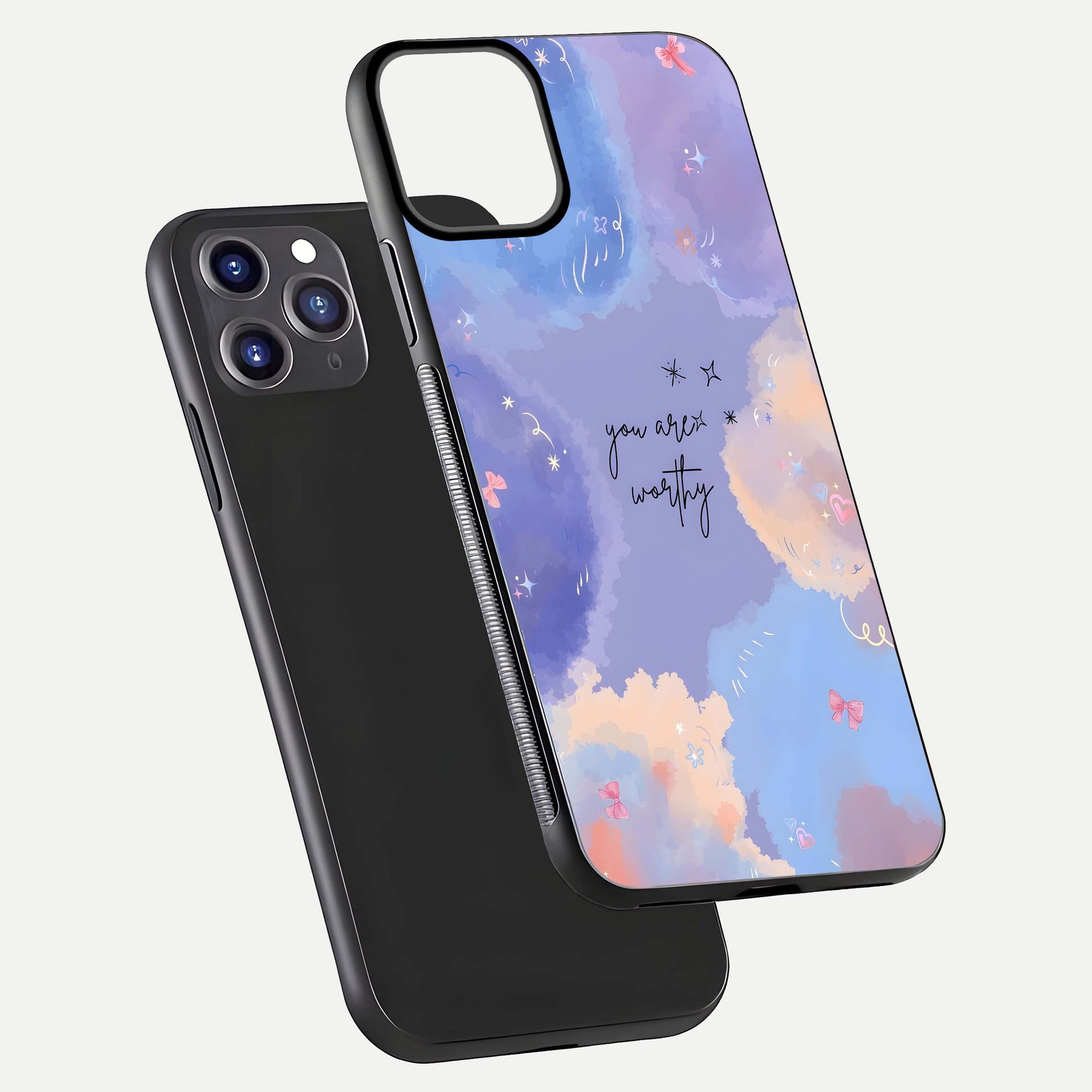 Celestial Cloud Magic Glass Case for iPhone 11 Pro Max dual-view layout showcasing soft color transition and gloss shine