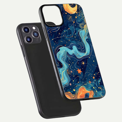 Celestial Dream Flow Glass Case for iPhone 11 Pro Max dual-view layout showing abstract flow and curved glass