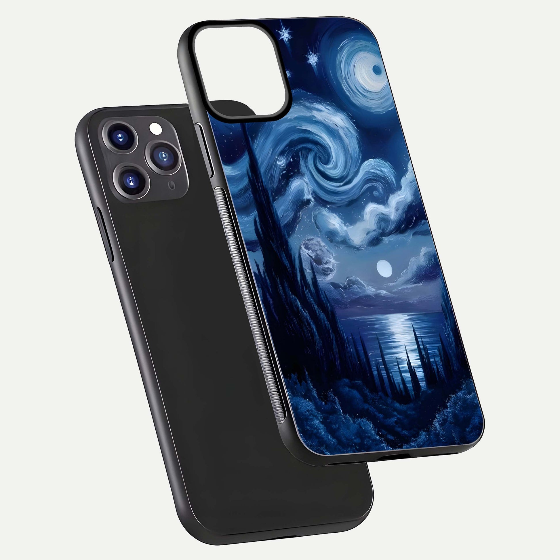 Celestial Dream Van Gogh Glass Case for iPhone 11 Pro Max dual-view layout displaying art texture and glass polish