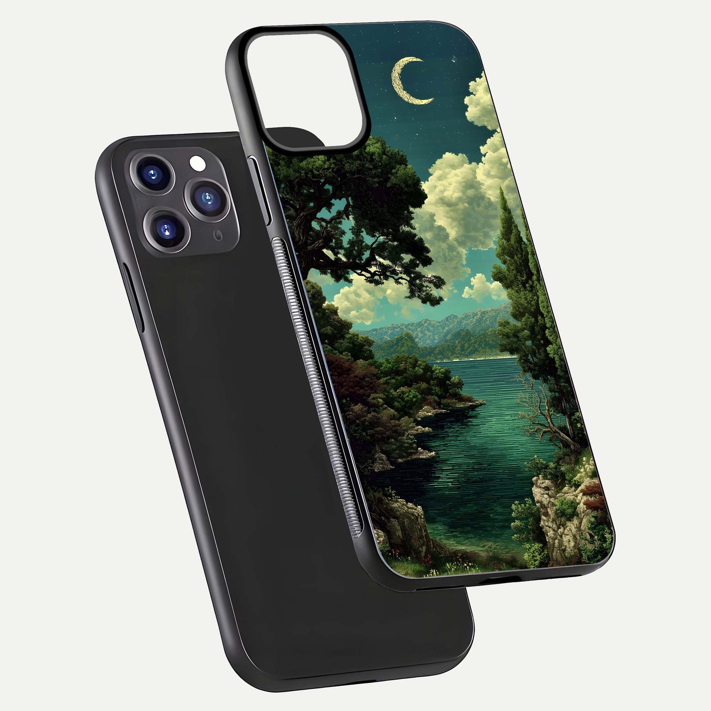 Celestial Lake Peace Glass Case for iPhone 11 Pro Max dual-view layout showing soft hues and HD shine