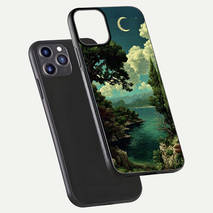 Celestial Lake Peace Glass Case for iPhone 11 Pro Max dual-view layout showing soft hues and HD shine