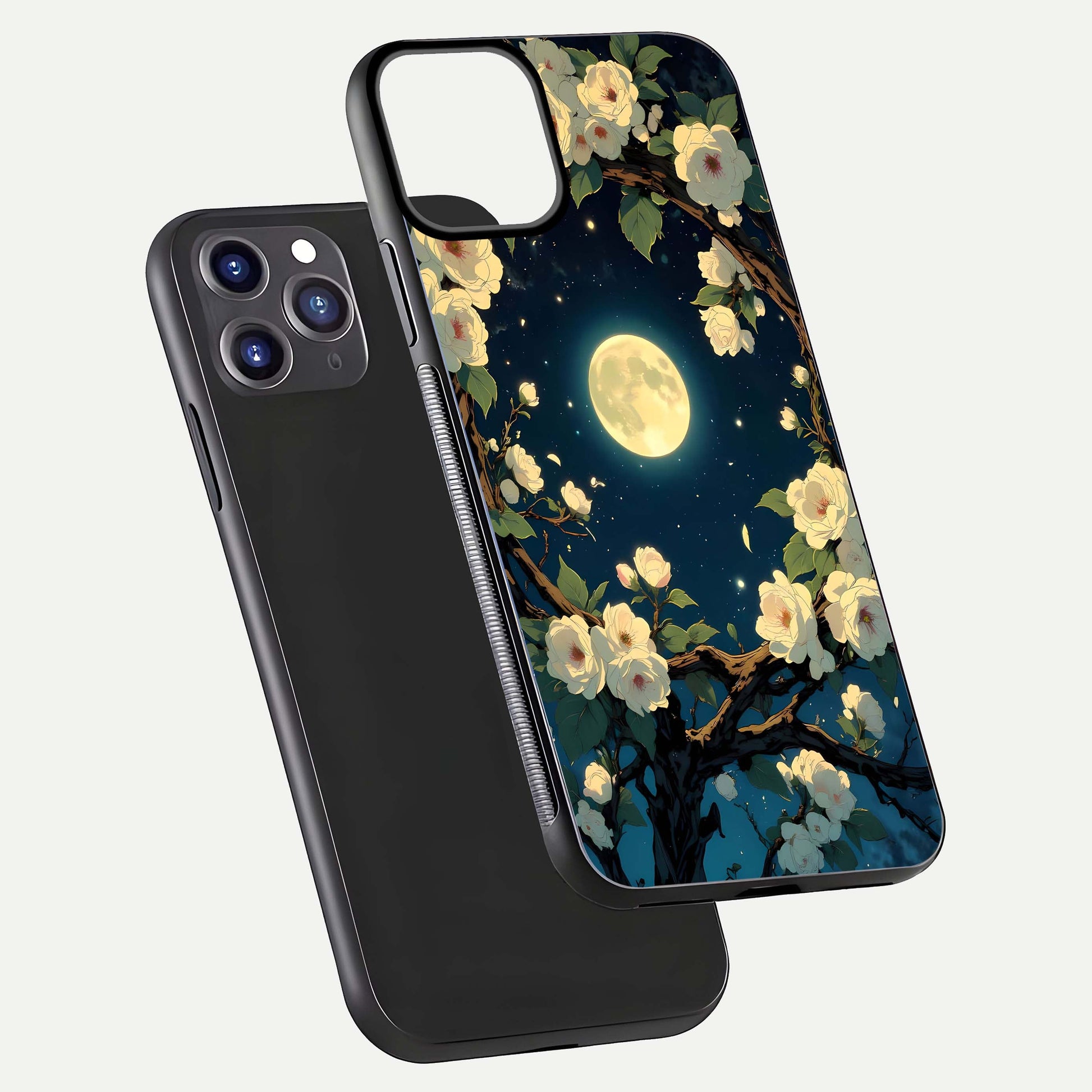 Celestial Moon & Flower Glass Case for iPhone 11 Pro Max dual-view layout showing balanced lunar art and gloss tone