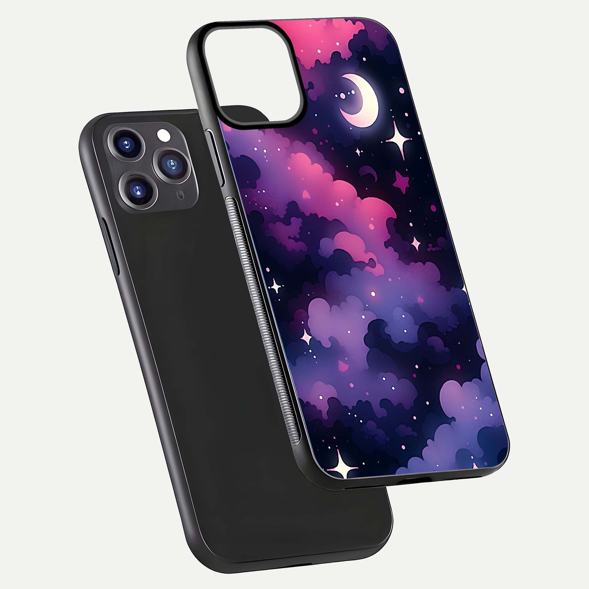 Celestial Moon Magic Glass Case for iPhone 11 Pro Max dual-view layout displaying lunar design and sleek edges
