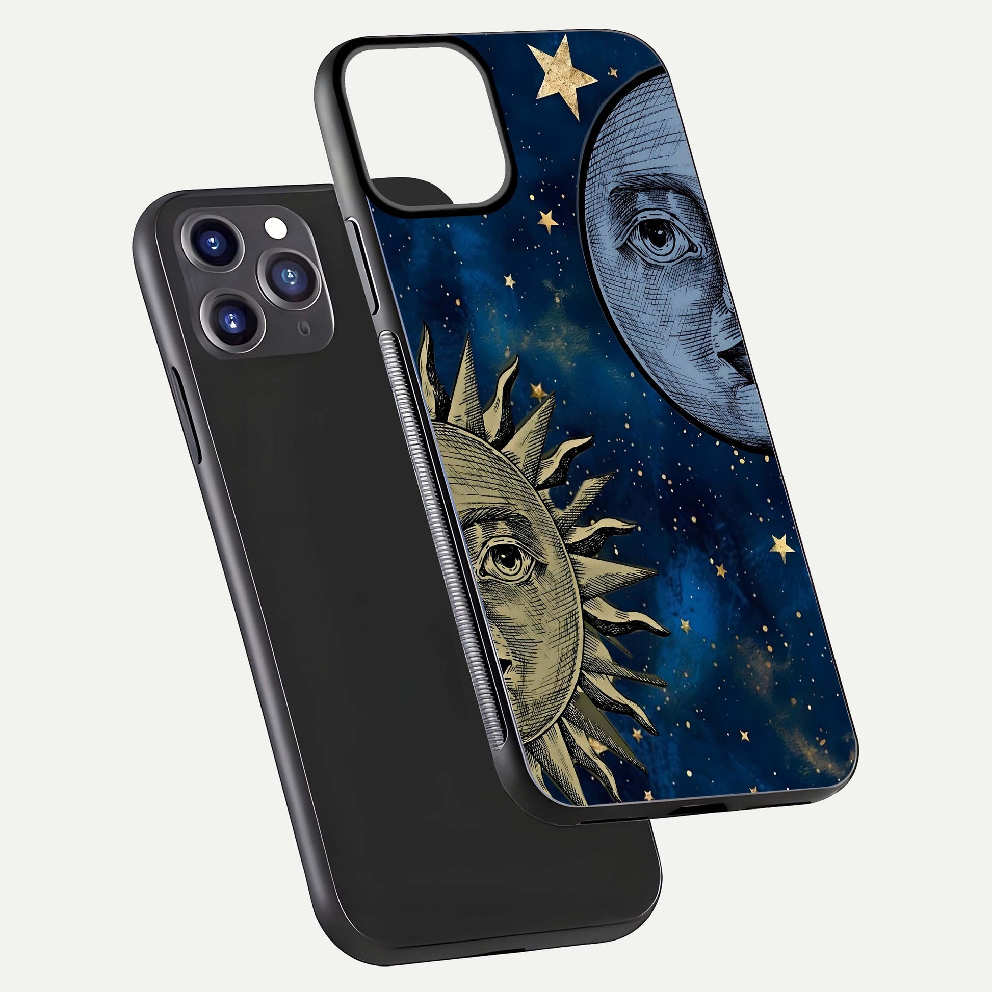 Celestial Moon With Sun Glass Case for iPhone 11 Pro Max dual-view layout showing luminous pattern and curved edges