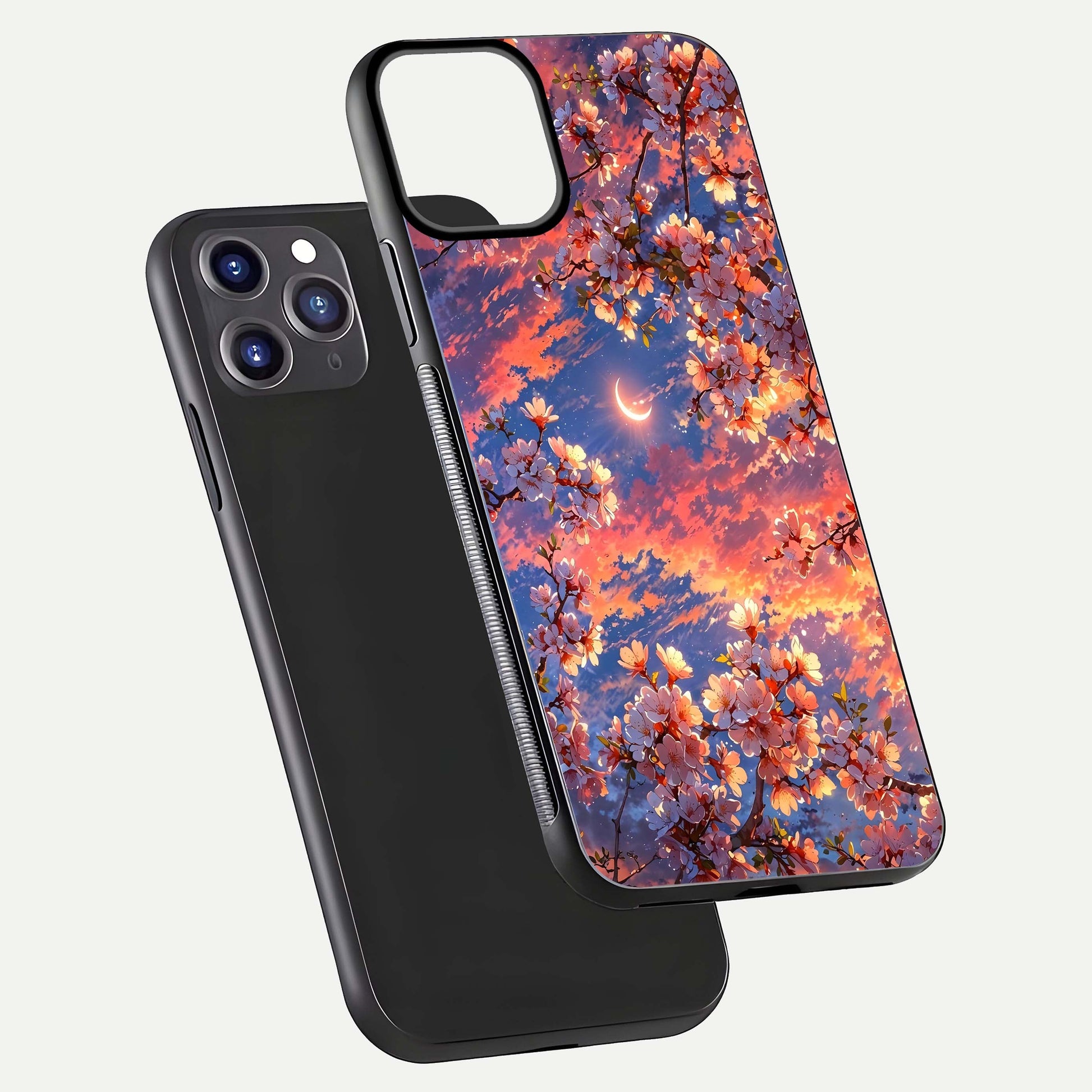 Celestial Sakura Sunset Glass Case for iPhone 11 Pro Max dual-view layout showing floral gradient and reflection polish
