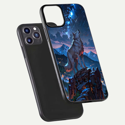 Celestial Wolf Howl Glass Case for iPhone 11 Pro Max dual-view layout displaying night tones and protective glass edges