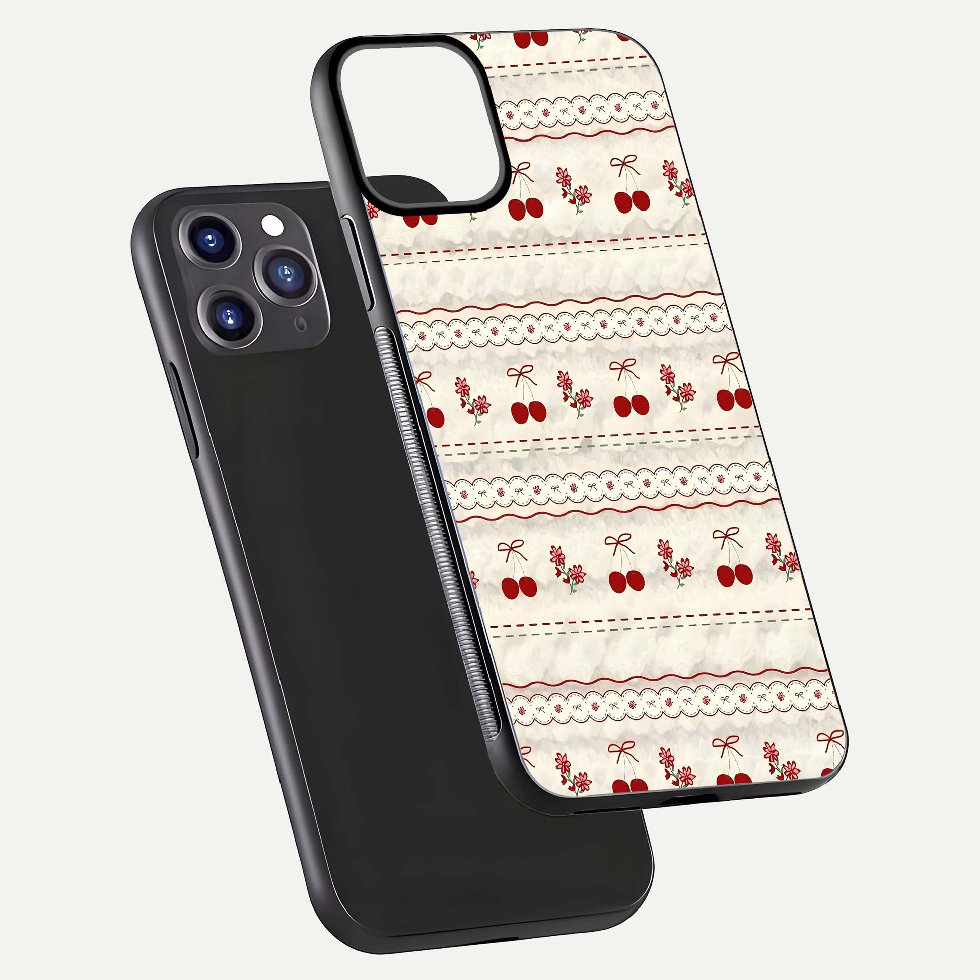 Cherry Bloom Charm Glass Case for iPhone 11 Pro Max front-and-back layout displaying floral art and smooth finish