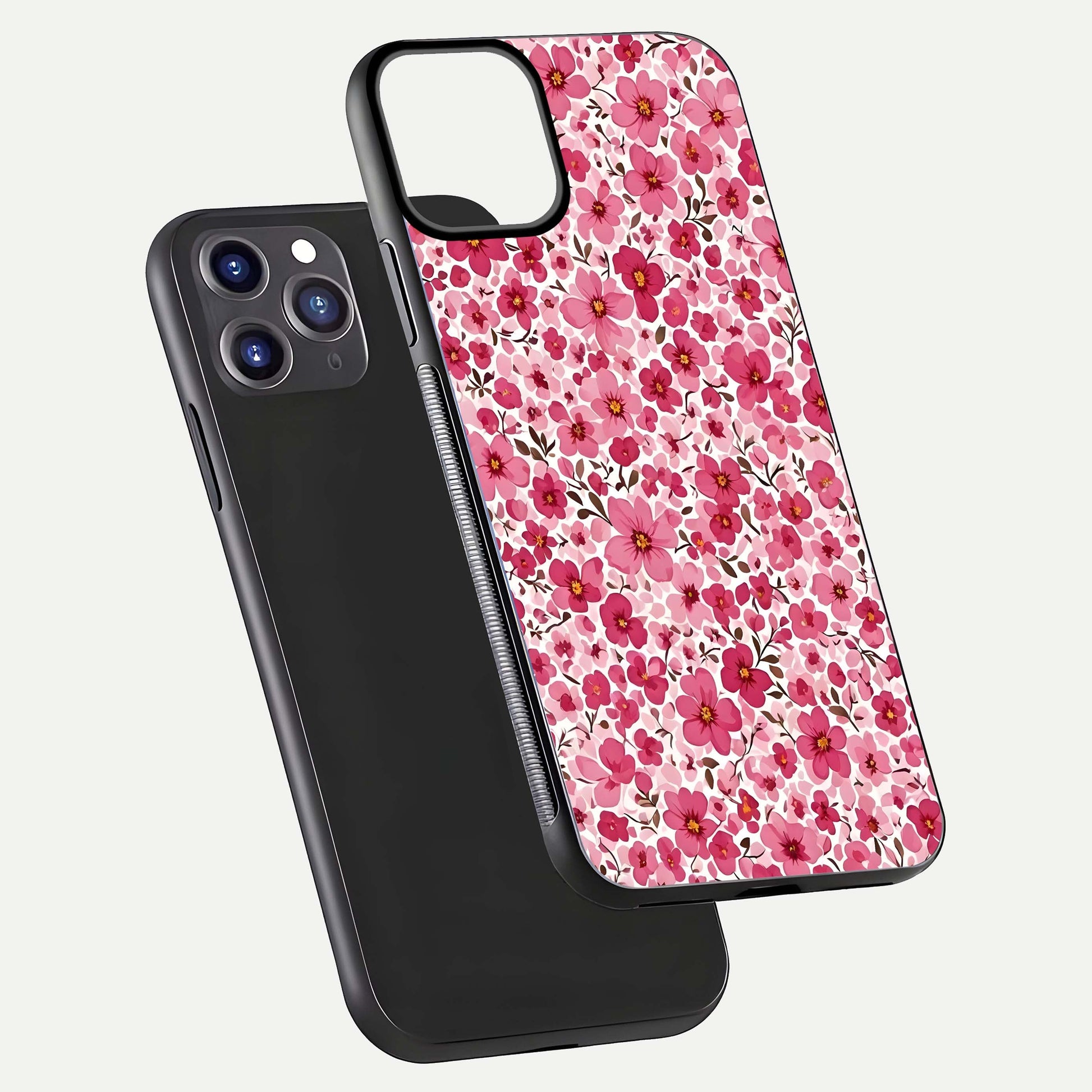 Cherry Blossom Charm Glass Case for iPhone 11 Pro Max dual-view layout showing elegant floral balance and HD gloss