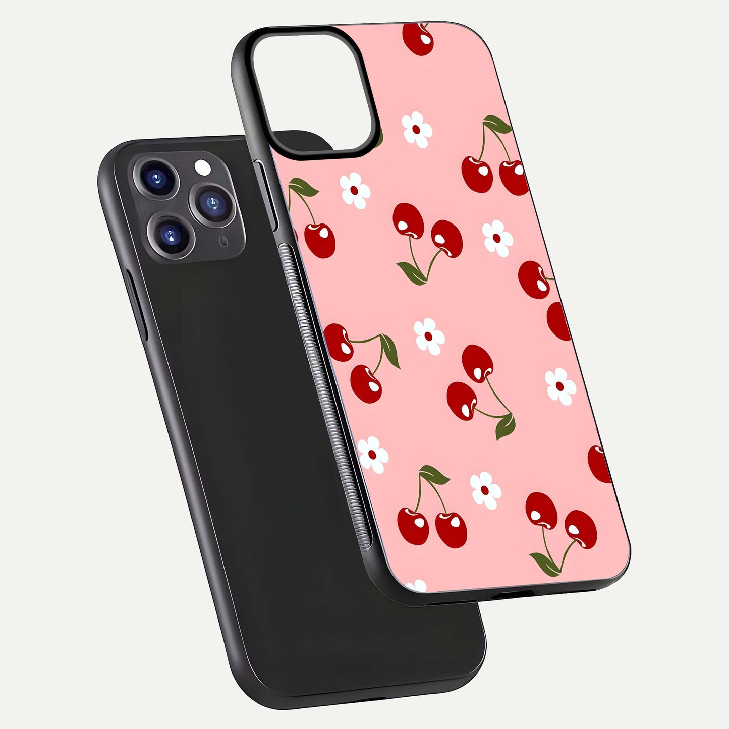 Cherry Love Mood Glass Case for iPhone 11 Pro Max dual-view layout showing design alignment and curved edges