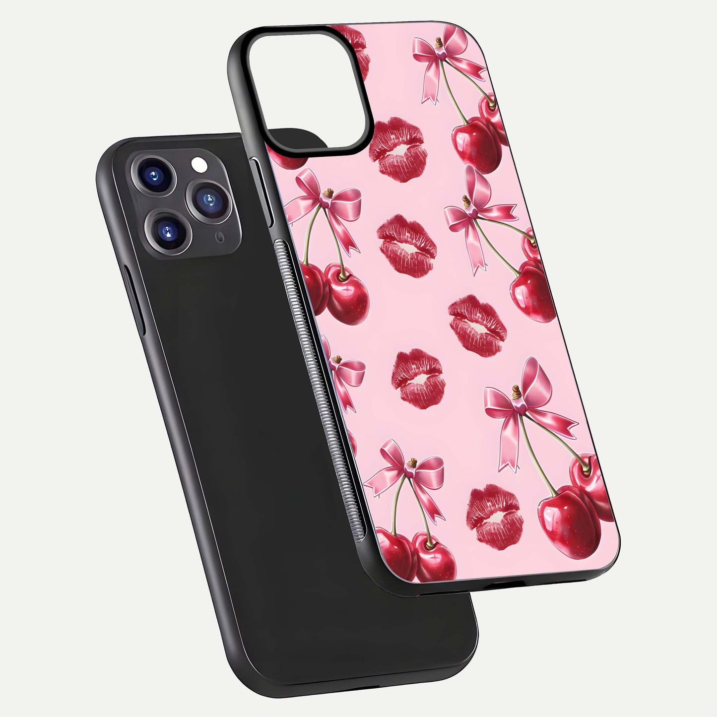 Cherry With Lips Glass Case for iPhone 11 Pro Max front-and-back layout displaying detailed design and glass finish