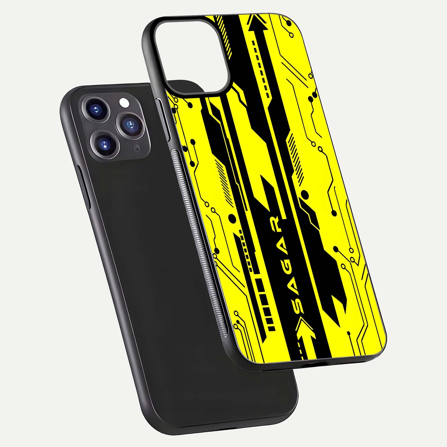 Circuit CYBERPUNK Custom Name Glass Case for iPhone 11 Pro Max dual-view layout showing bold tech art and edge clarity
