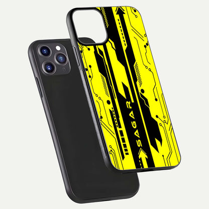 Circuit CYBERPUNK Custom Name Glass Case for iPhone 11 Pro Max dual-view layout showing bold tech art and edge clarity