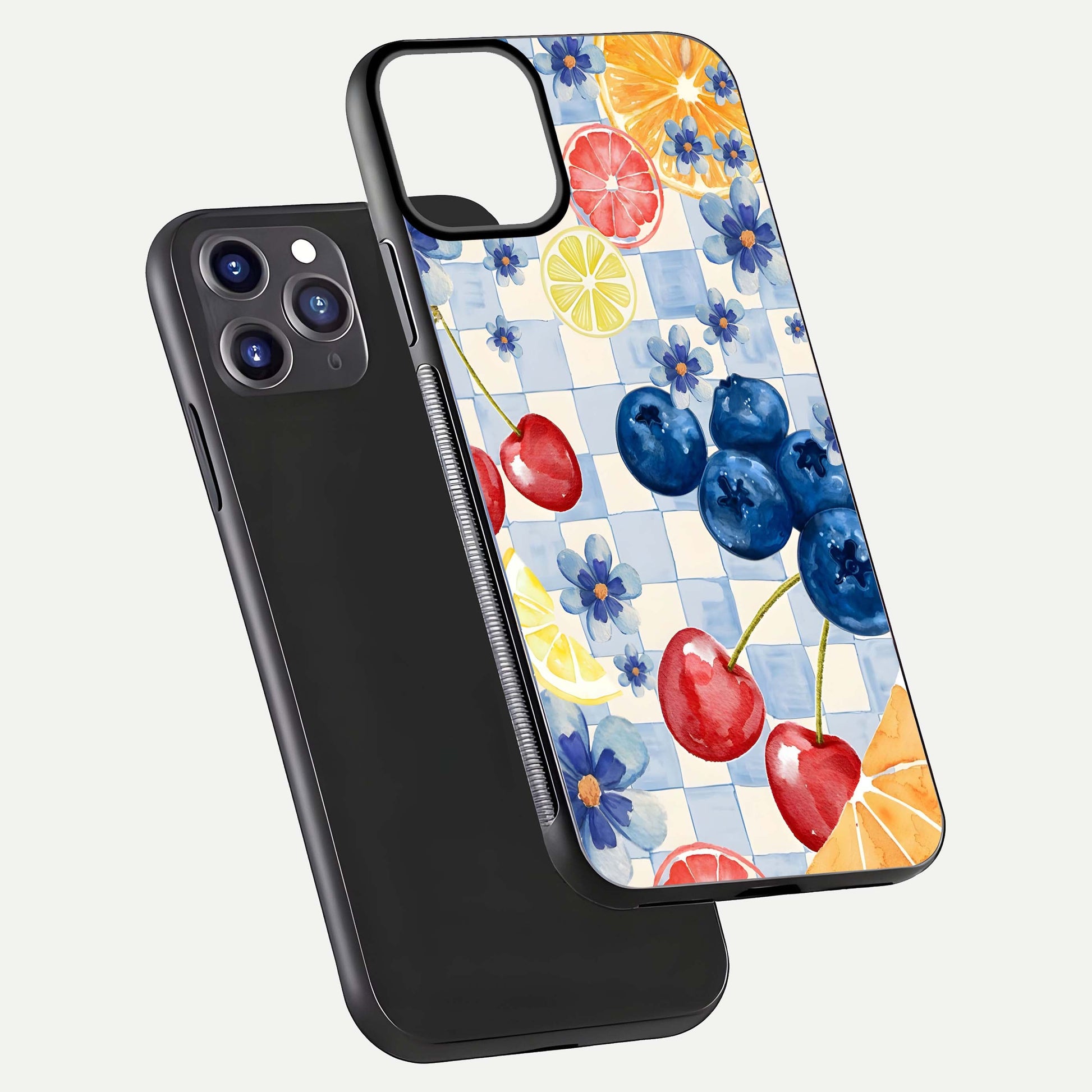 Citrus Bloom Joy Glass Case for iPhone 11 Pro Max dual-view layout displaying colorful print and smooth edges
