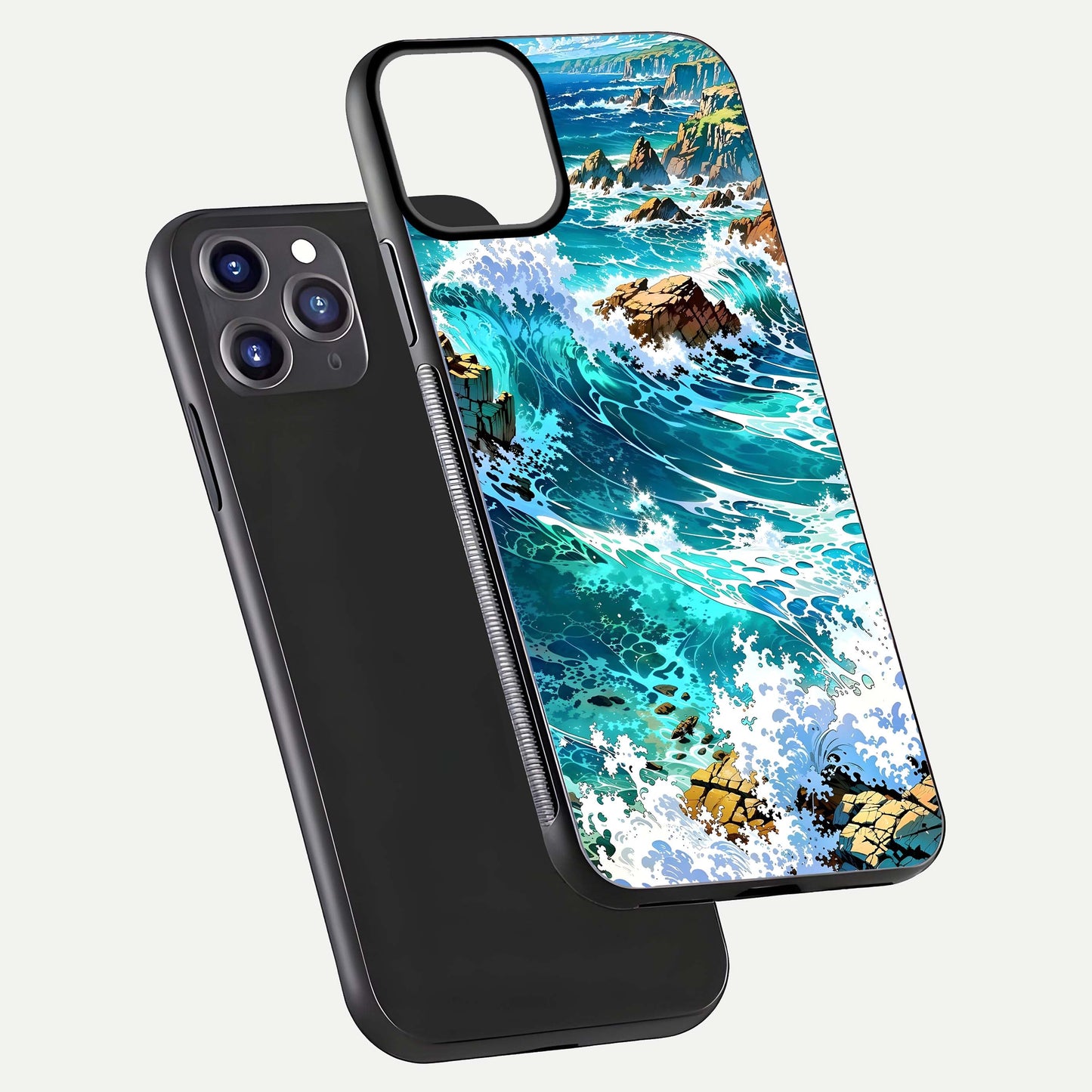 Coastal Blue Waves Glass Case for iPhone 11 Pro Max dual-view layout displaying sea tones and curved finish