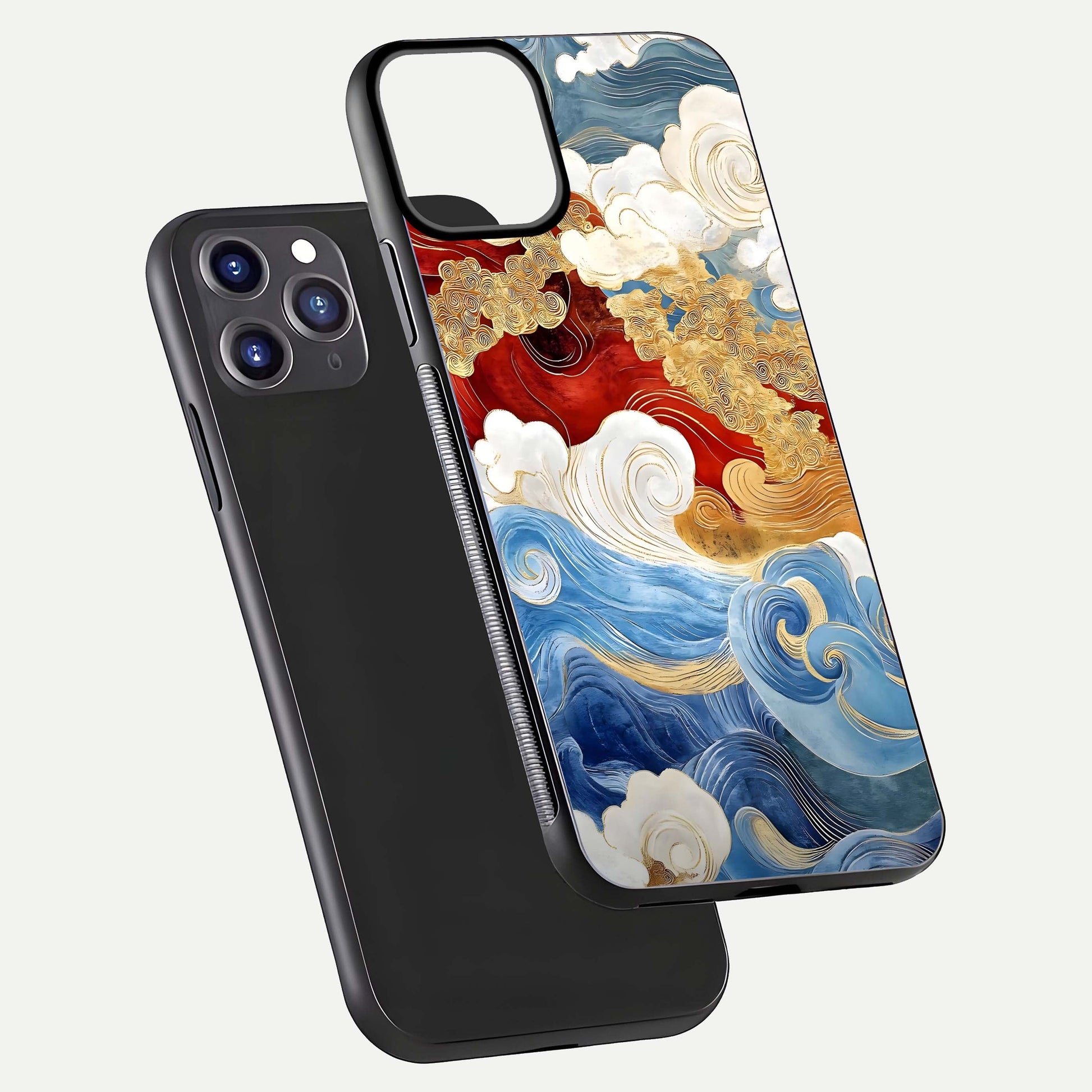Colored Waves Glass Case for iPhone 11 Pro Max front & back layout showing smooth edges and vivid print tones