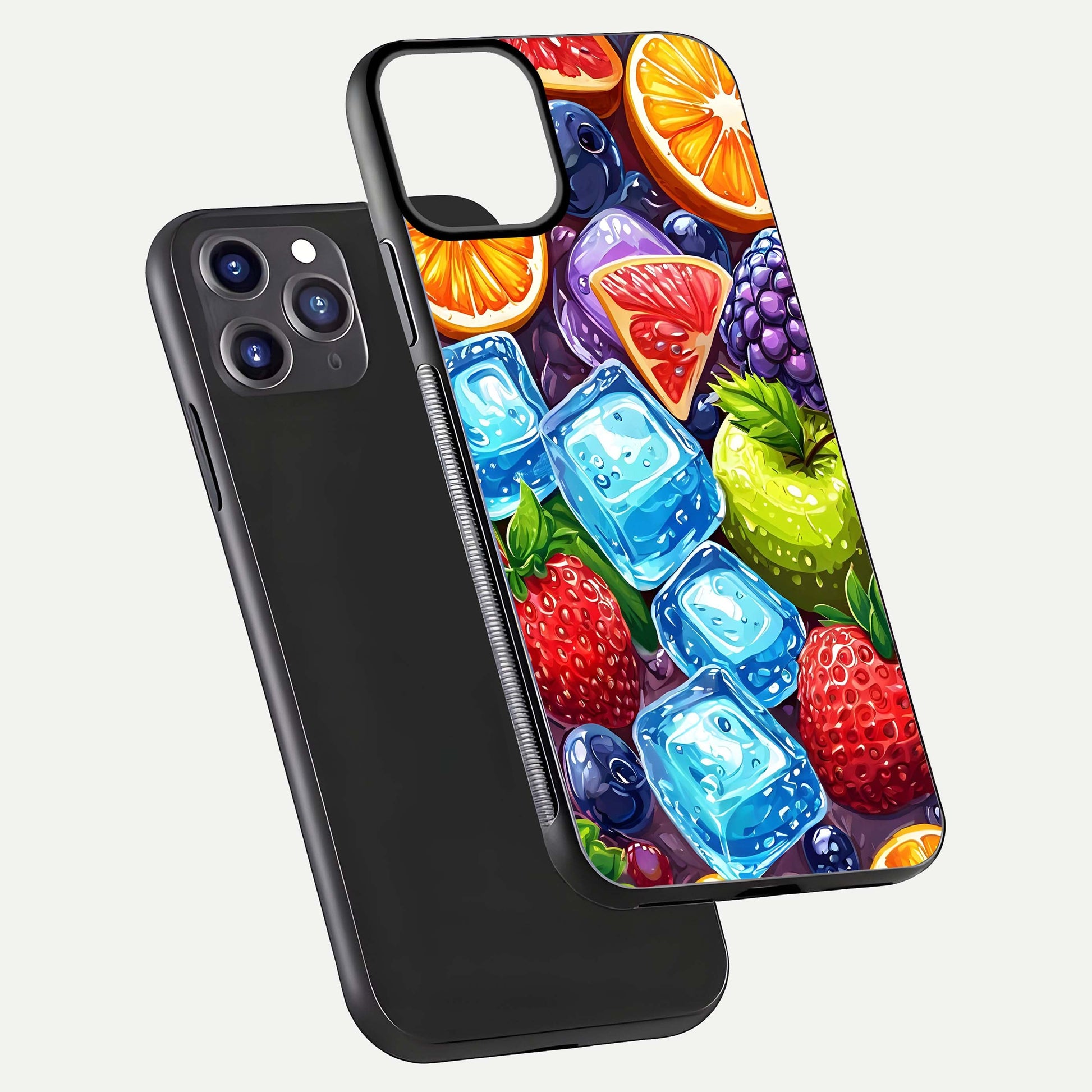 Colorful Fruits with Ice Glass Case for iPhone 11 Pro Max dual-view layout showing fresh tones and polished edges