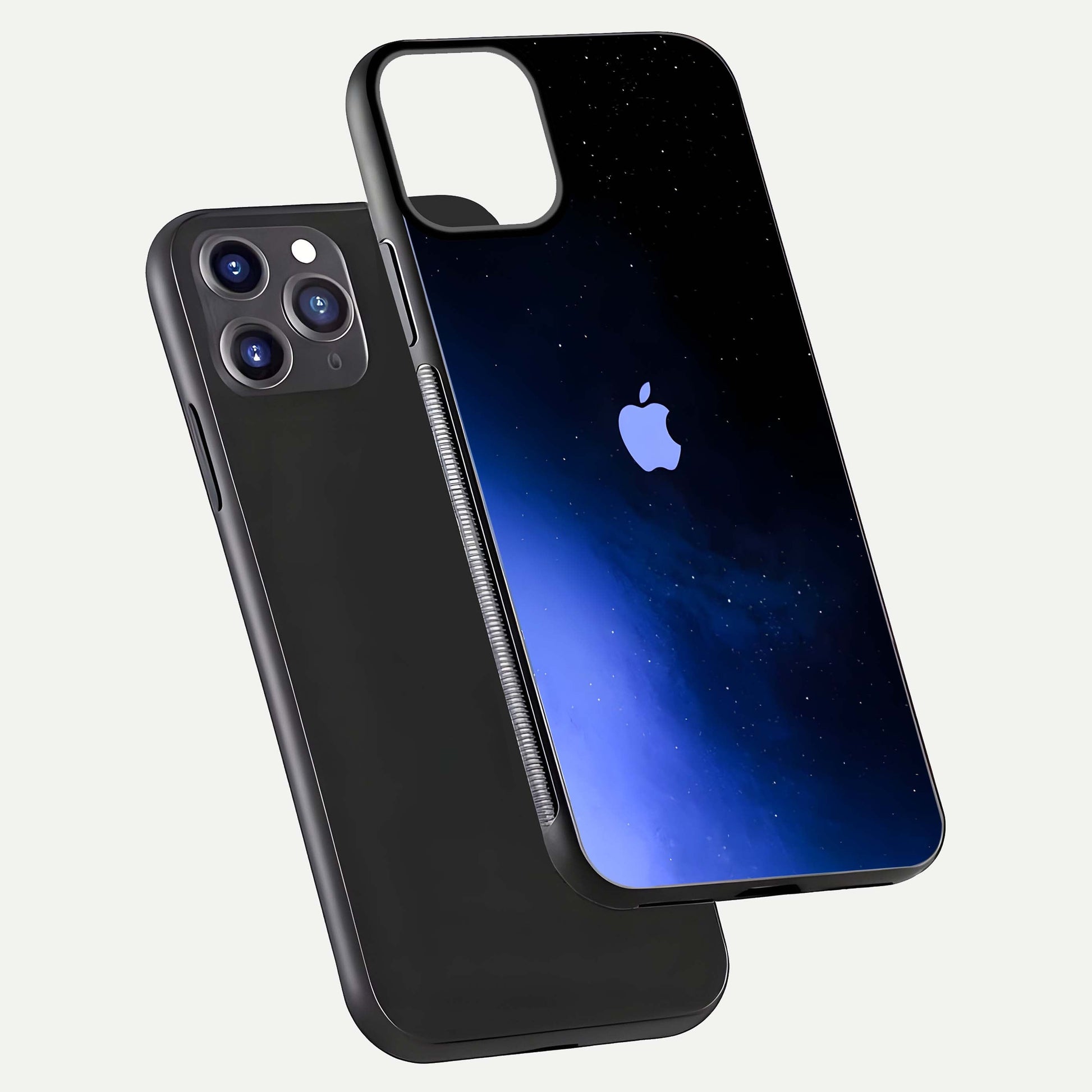 Cosmic Blue Apple Glass Case for iPhone 11 Pro Max dual-view layout displaying cosmic tones and glass edges