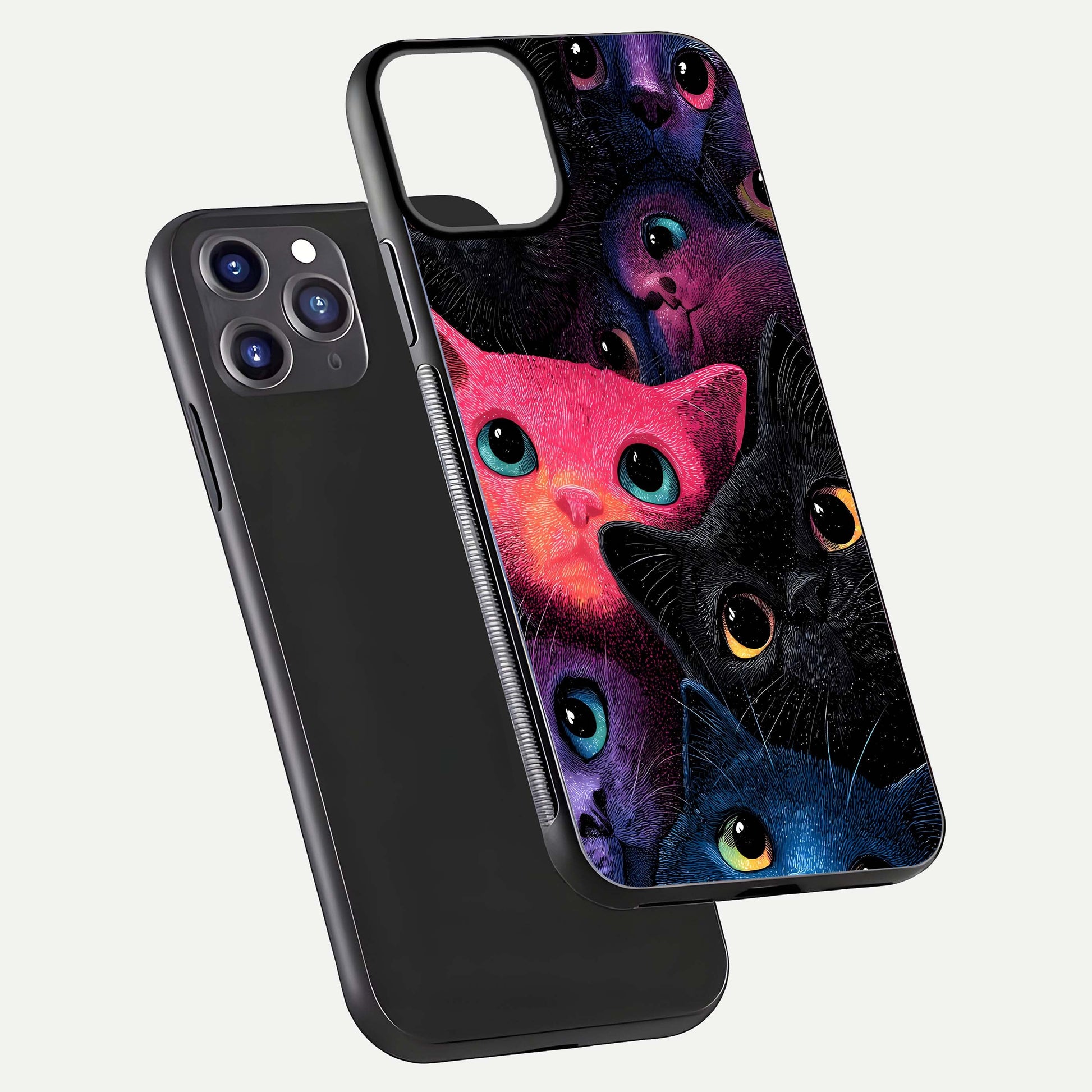 Cosmic Cats Dreams Glass Case for iPhone 11 Pro Max dual-view layout displaying HD print and glossy shine
