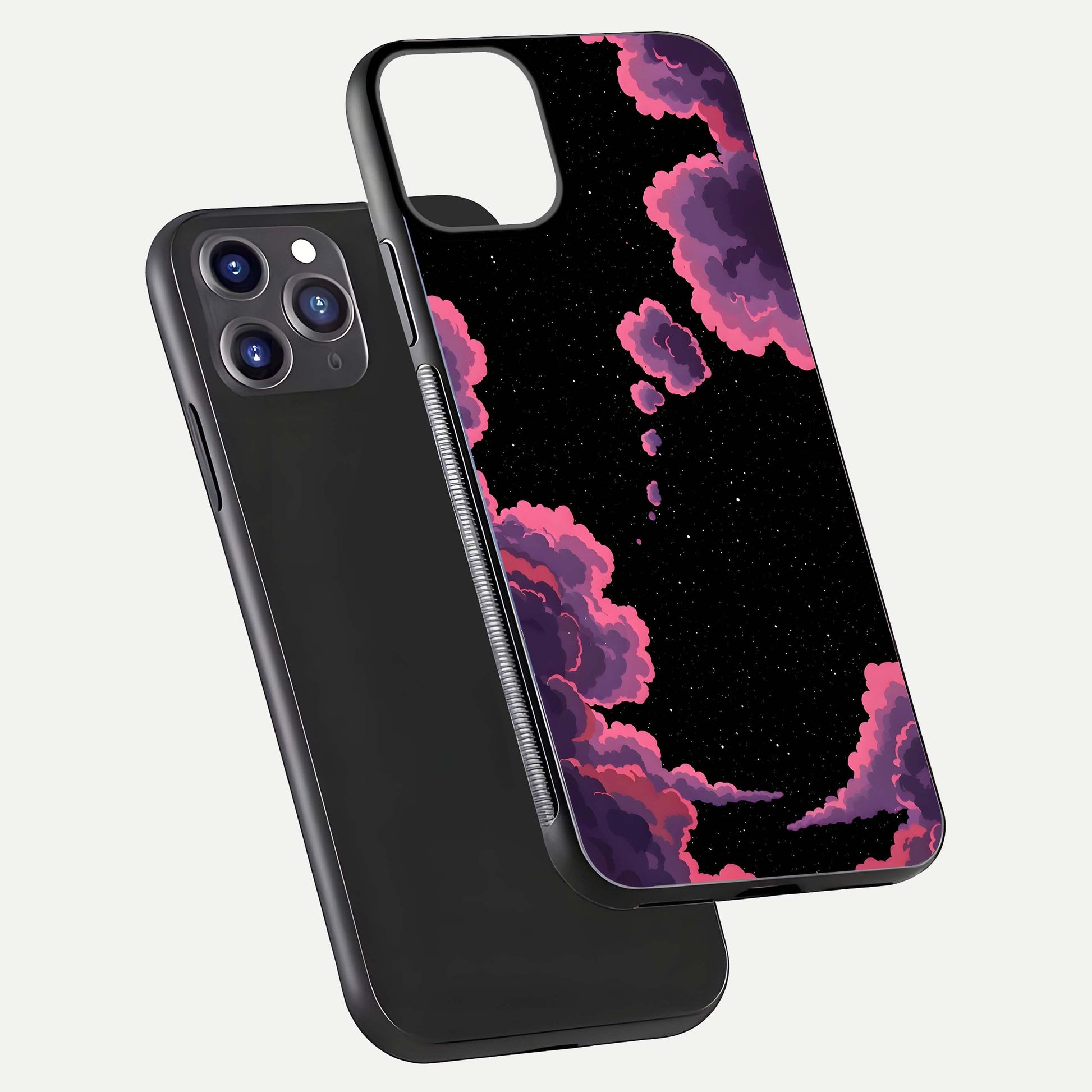 Cosmic Cloud Journey Glass Case for iPhone 11 Pro Max dual-view layout displaying celestial tones and edge clarity