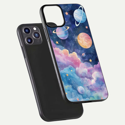 Cosmic Planet Dreams Glass Case for iPhone 11 Pro Max dual-view layout displaying galaxy colors and curved finish