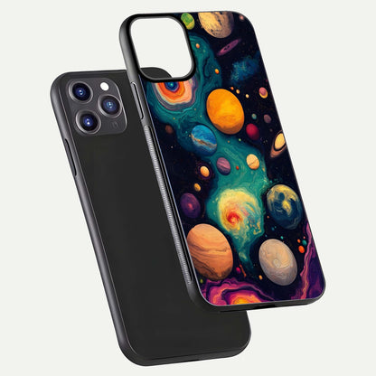 Cosmic Planet Journey Glass Case for iPhone 11 Pro Max dual-view layout displaying colorful cosmic balance