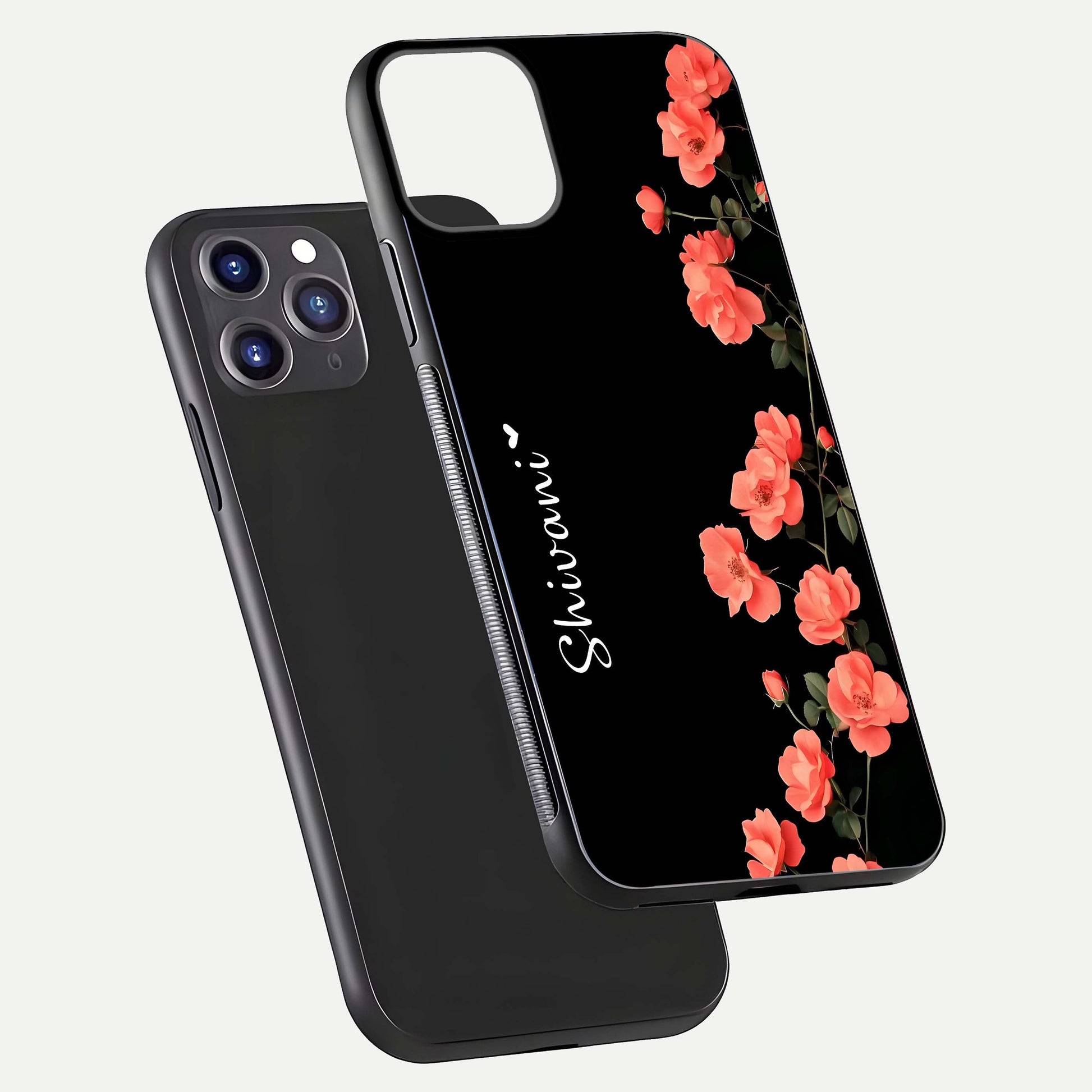 Crimson Bloom Grace Custom Name Glass Case for iPhone 11 Pro Max dual-view layout displaying custom text and smooth curved edges