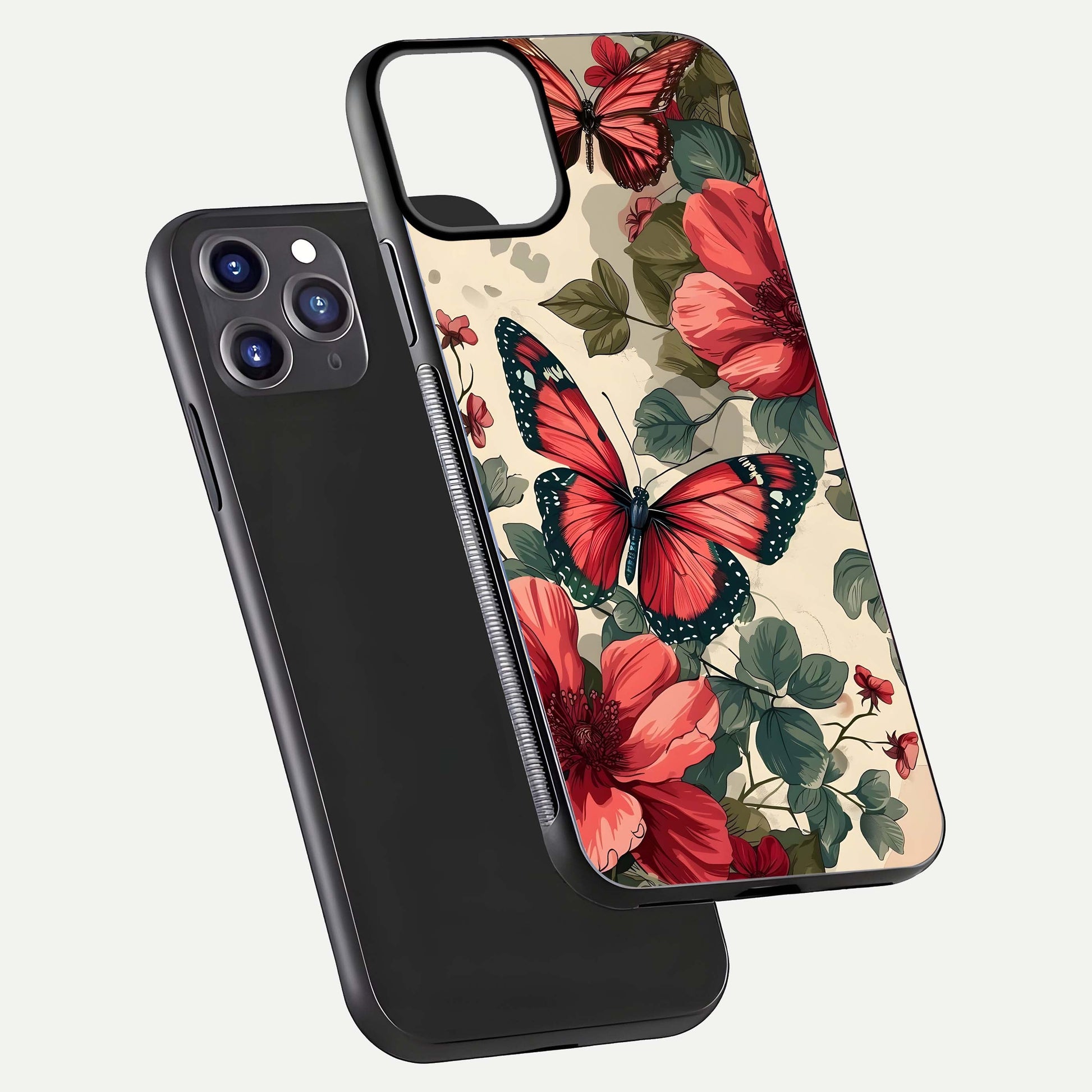 Crimson Butterfly Garden Glass Case for iPhone 11 Pro Max dual-view layout displaying floral patterns and edge finish