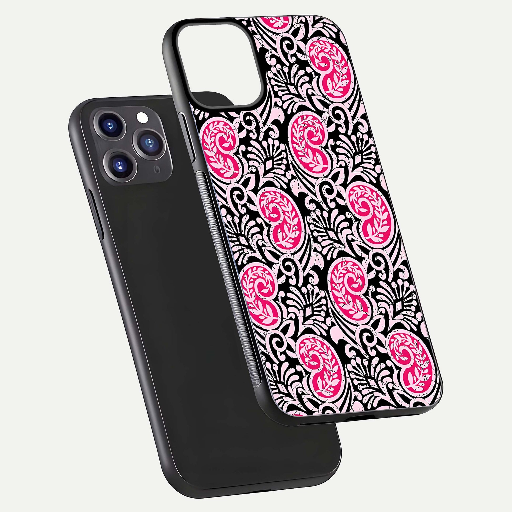 Crimson Paisley Charm Glass Case for iPhone 11 Pro Max dual-view layout displaying HD print and curved polish