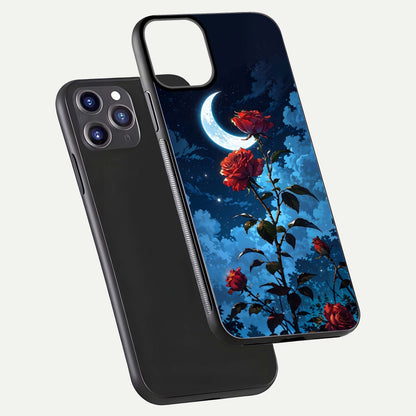 Crimson Rose Moon Glass Case for iPhone 11 Pro Max dual-view layout displaying red tones and soft gloss