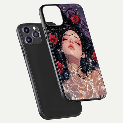 Crimson Rose Serenity Glass Case for iPhone 11 Pro Max dual-view layout displaying serenity tones and curved glass