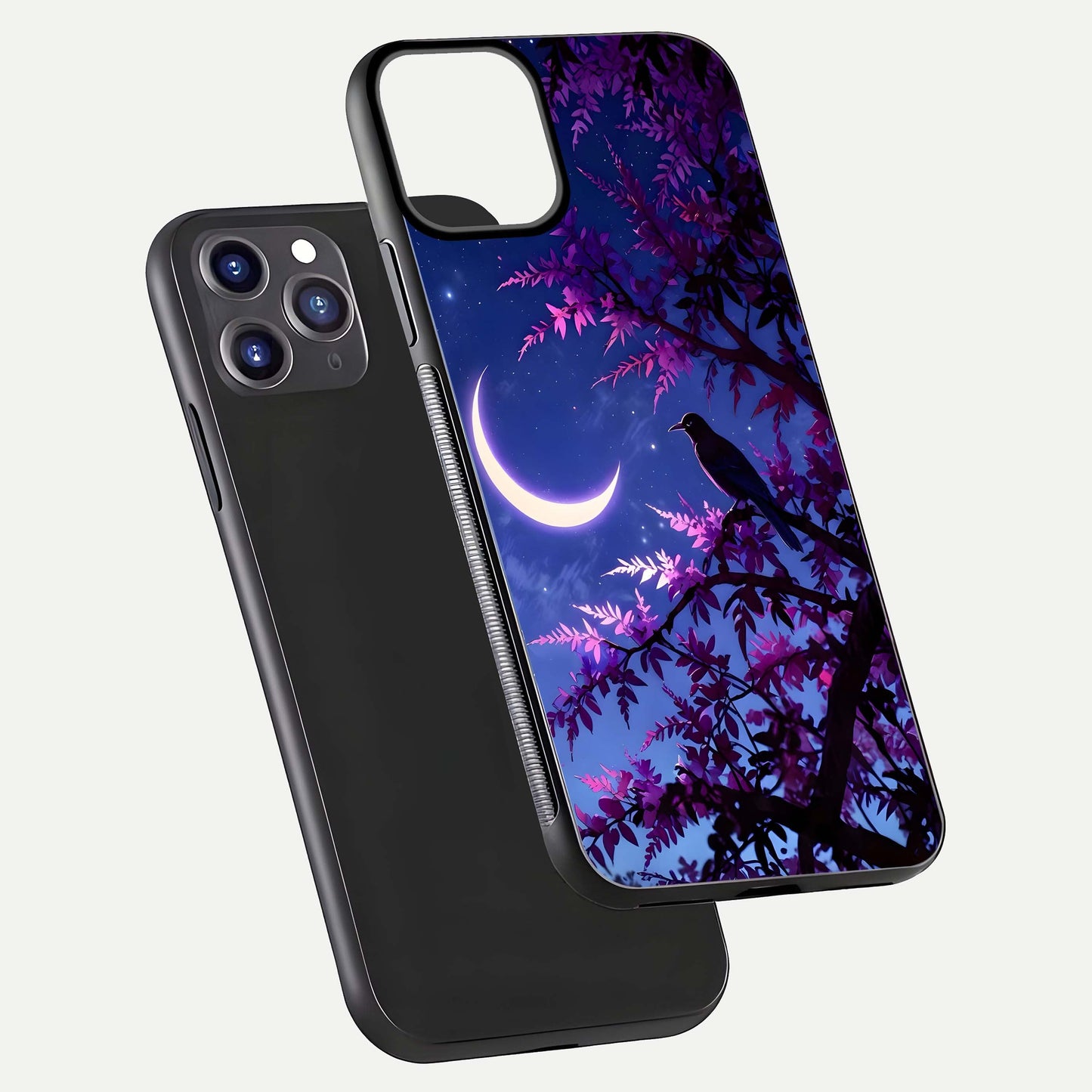 Crow & Moon Scenery Glass Case for iPhone 11 Pro Max dual-view layout displaying night sky art and curved glass edges